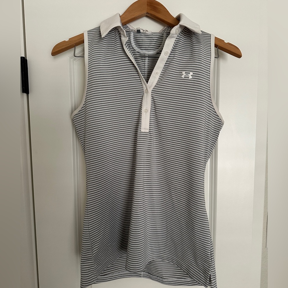 Under Armour Gray and White Striped Polo Golf Tennis